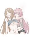  2girls bang_dream! bang_dream!_it&#039;s_mygo!!!!! black_shorts blush breasts brown_hair camisole chihaya_anon chinese_commentary closed_mouth clothes_lift commentary_request dazhong_(dazhong02312) grey_camisole grey_eyes hand_on_another&#039;s_head highres large_breasts long_hair multiple_girls nagasaki_soyo navel off_shoulder open_mouth pink_hair shirt_lift shorts sidelocks simple_background stomach strap_slip underboob white_background yuri 