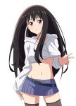  :o absurdres belt black_hair black_thighhighs blue_skirt breasts clothes_pull cowboy_shot crop_hoodie grey_hoodie highres hood hoodie inoue_takina long_hair long_sleeves lycoris_recoil medium_breasts microskirt navel parted_lips purple_eyes simple_background skirt stomach thighhighs thundradrawings underboob white_background 