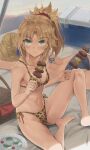  2girls animal_print artoria_pendragon_(fate) bare_shoulders bikini blonde_hair blue_bikini blush braid breasts brown_bikini eating fate/grand_order fate_(series) food green_eyes hair_ornament hair_scrunchie highres leopard_print long_hair looking_at_viewer mordred_(fate) multiple_girls navel parted_bangs ponytail red_scrunchie saber_(fate) scrunchie sidelocks skewer small_breasts swimsuit tonee variant_set 