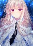  1girl absurdres aquarium_wa_odoranai collared_shirt epaulettes highres jacket jacket_on_shoulders long_hair necktie pleated_skirt raika_tsukuyomi red_eyes retro_(aquarium_wa_odoranai) shirt skirt smile white_hair white_shirt white_skirt 