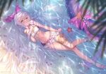  1girl alternate_costume beach bikini cameltoe choker flat_chest flower full_body granblue_fantasy hair_flower hair_ornament long_hair looking_at_viewer lying medusa_(shingeki_no_bahamut) navel official_alternate_costume on_back open_mouth pointy_ears revision sandals solo swimsuit very_long_hair water white_bikini white_hair yellow_eyes yellowpaint. 