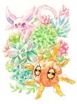  aloe_(plant) espeon forehead_jewel full_body highres no_humans non_(kumakawayusu) painting_(medium) pokemon pokemon_(creature) purple_eyes red_eyes signature simple_background solrock traditional_media watercolor_(medium) white_background 