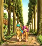  2022 absurd_res blue_eyes digital_media_(artwork) duo earth_pony equid equine female feral forest hasbro hi_res hitch_trailblazer_(mlp) hooves horse kaylerustone looking_at_another male mammal mlp_g5 my_little_pony orange_body outside plant pony signature smile sunny_starscout_(mlp) tree tuft walking yellow_body yellow_eyes 