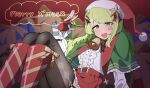  1girl absurdres bell blush bow bowtie breasts cape center_frills christmas christmas_ornaments fingerless_gloves frills gloves green_cape green_eyes green_hair hair_ornament hat highres long_hair long_sleeves looking_at_viewer merry_christmas morinaka_kazaki neck_bell nijisanji pantyhose red_gloves red_ribbon red_skirt ribbon santa_costume santa_hat shirt skirt smile solo star_(symbol) star_hair_ornament tsuukon_(tukonn) virtual_youtuber 