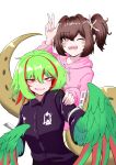  2girls absurdres bags_under_eyes bangs black_shirt brown_hair commentary_request green_feathers green_hair green_wings hair_between_eyes harpy highres hood hoodie lamia monster_girl multiple_girls one_eye_closed open_mouth original pink_hoodie pink_nails red_eyes red_feathers red_hair red_wings shirt short_hair side_ponytail simple_background togenomaru two-tone_wings v white_background wings zipper_pull_tab 