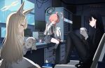  3girls ahoge animal_ear_fluff animal_ears bird black_hair black_halo black_pantyhose black_socks blonde_hair blue_archive blue_skirt braid cat_tail clothes_around_waist coffee_mug commentary cup desk english_commentary fox_ears fox_girl grey_jacket grin hair_between_eyes halo highres huge_ahoge indoors jacket jacket_around_waist long_hair mer_lynn miniskirt monitor mug multiple_girls neck_ribbon neru_(blue_archive) neru_(school_uniform)_(blue_archive) no_shoes official_alternate_costume on_desk open_clothes open_shirt pantyhose pleated_skirt red_eyes red_hair ribbon rio_(blue_archive) seia_(blue_archive) shirt shoes side_braid single_braid sitting skirt sleeves_past_fingers sleeves_past_wrists sleeves_rolled_up smile sneakers socks tail tail_wagging tit_(bird) undershirt undone_neck_ribbon v very_long_hair very_long_sleeves white_shirt yellow_eyes yellow_halo 