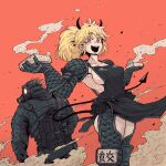  1boy 1girl :d absurdres apron ass ass_cutout bangs black_apron black_horns black_jacket black_pants black_tail blonde_hair box breasts caiman_(dorohedoro) clothing_cutout collarbone commentary crazy_eyes crazy_smile demon_girl demon_horns demon_tail dorohedoro dust_cloud from_behind gas_mask glowing glowing_eyes han_gong highres holding holding_box hood hooded_jacket horns jacket large_breasts looking_at_viewer looking_back mask messy_hair naked_apron nikaidou_(dorohedoro) open_mouth orange_background pants red_eyes ribs shrug_(clothing) sideboob simple_background smile spines standing tail teeth thigh_cutout translation_request upper_teeth 