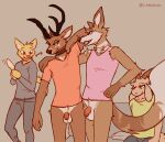  2022 anthro antlers balls biped bottomless bottomless_anthro bottomless_male bovid brown_body brown_fur canid canine canis caprine cervid clothed clothing collar coyote digital_media_(artwork) domestic_cat felid feline felis flaccid fur genitals gloves_(marking) goat group hand_on_shoulder horn humanoid_genitalia humanoid_penis lawyerdog male mammal markings multicolored_body multicolored_fur open_mouth open_smile panko_(lawyerdog) penis smile two_tone_body two_tone_fur white_body white_fur yellow_body yellow_fur 