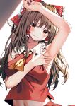  1girl absurdres arm_up armpit_peek armpits ascot bangs bow brown_eyes brown_hair closed_mouth hair_bow hair_tubes hakurei_reimu highres long_hair looking_at_viewer mamemochi navel red_bow red_shirt shirt sidelocks sleeveless solo touhou upper_body white_background yellow_ascot 