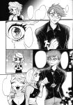  1boy 1girl absurdres black_pants black_shirt black_shoes black_tank_top blonde_hair breasts brown_hair buttons collared_shirt copyright_request glasses grey_pants hand_on_another&#039;s_face hands_on_own_chest highres holding_hands large_breasts medium_hair navel nono_(nonobutai04) outdoors own_hands_together pants see-through_clothes see-through_shirt shirt shoes short_hair smile speech_bubble tank_top watch 