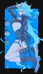  1girl 4boys :o ^_^ absurdres adjustable_wrench arched_back arm_up bags_under_eyes bandeau belt_pouch black_bandeau black_boots black_border black_jacket black_ribbon blue_background blue_eyeshadow blue_lips blue_ribbon blue_skirt blue_theme blush boot_straps boots border breasts brother_and_sister chibi chibi_inset closed_eyes collarbone colored_shoe_soles covered_nipples cropped_jacket eyeshadow faceless faceless_male falling fiery_hair film_grain floating from_side full_body garter_straps genderswap genderswap_(mtf) gloves hair_between_eyes high-waist_skirt highres holding holding_own_leg holding_wrench idia_shroud jacket khr long_hair long_sleeves looking_at_viewer makeup mask miniskirt multiple_boys ortho_shroud pale_skin parted_lips peanut_mouth pencil_skirt pouch raised_inner_eyebrows respirator ribbon shiny_skin shoe_soles short_hair siblings signature skindentation skirt solo_focus strapless thigh_strap tube_top twisted_wonderland two-sided_fabric two-sided_jacket two-sided_ribbon two-tone_gloves underboob very_long_hair wavy_hair white_gloves work_gloves wrench yellow_eyes yellow_trim 