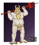 asgore_dreemurr balls barazoku beard belly blonde_hair body_hair bovid bovine caprine chest_hair crown eyebrows facial_hair flaccid flexing full-length_portrait fur genitals goat hair hairy headgear hi_res horn humanoid_genitalia humanoid_penis male mammal mature_male melee_weapon muscular nipples nude paws penis polearm portrait pose pubes simple_background solo trident undertale_(series) weapon welp_can white_body white_fur yellow_body yellow_fur