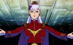  1girl absurdres animal_ears belt blunt_bangs bow cape char's_counterattack char_aznable char_aznable_(cosplay) cosplay derivative_work ear_covers ear_ribbon epaulettes gold_ship_(umamusume) gundam high_collar highres horse_ears horse_girl long_sleeves massgrave_art military_uniform outstretched_arms parody pillbox_hat pink_eyes purple_bow red_shirt screenshot_redraw shirt solo spread_arms umamusume upper_body white_hair zeon 