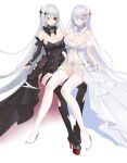  2girls absurdres azur_lane bangs bare_shoulders black_dress black_legwear blue_eyes breasts chain cleavage closed_mouth commentary_request covered_navel crossed_bangs detached_collar dress emden_(azur_lane) eyebrows_visible_through_hair eyepatch full_body grey_hair hair_between_eyes high_heels highres kuyoumi large_breasts lock long_dress long_hair multiple_girls off-shoulder_dress off_shoulder pantyhose purple_hair red_eyes simple_background sitting smile thighhighs torn_clothes torn_legwear very_long_hair white_background white_dress white_footwear white_legwear wrist_cuffs 