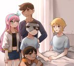  1girl 4boys antenna_hair aubrey_(faraway)_(omori) aubrey_(omori) bandaged_head bandages bandaid bandaid_on_face bandaid_on_nose basil_(faraway)_(omori) basil_(omori) bed black_eyes black_hair blonde_hair blue_eyes blue_hairband blue_skirt blue_sweater bright_pupils brown_eyes brown_hair chair closed_mouth collarbone crop_top crying crying_with_eyes_open dark-skinned_male dark_skin denim denim_skirt double-parted_bangs eyepatch gokun hairband hand_on_own_hip hero_(faraway)_(omori) hero_(omori) highres hospital hospital_bed hospital_gown indoors jacket kel_(faraway)_(omori) kel_(omori) long_hair looking_at_another medical_eyepatch multiple_boys navel omori on_bed one_eye_closed pink_hair short-sleeved_jacket short_sleeves sitting skirt spoilers sunny_(omori) sweater tearing_up tears under_covers white_jacket white_pupils 