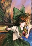  1girl absurdres arm_cannon black_hair black_wings bow caution collar commentary_request cowboy_shot feathered_wings fire frilled_collar frills frown green_bow green_collar green_skirt highres kirigawa_mika one_eye_closed pink_sky radiation_symbol red_eyes reiuji_utsuho shirt short_sleeves skirt sky solo sparkle sunset third_eye_on_chest touhou weapon white_shirt wings 