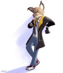  2022 anthro bottomwear cheek_tuft clothed clothing digital_media_(artwork) ear_tuft facial_tuft felid feline footwear fully_clothed head_tuft hi_res jacket light lighting lynx male mammal pants ribbontini shaded shirt shoes signature simple_background solo standing topwear tuft white_background 