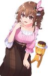  1girl absurdres ankimo_(tokino_sora) belt breasts brown_eyes brown_hair casual food highres hololive ling_ling_ling long_hair looking_at_viewer pudding side_ponytail skirt tokino_sora 