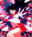  1girl back_bow bare_legs bishoujo_senshi_sailor_moon black_hair blonde_hair bow bowtie choker earrings elbow_gloves floating_hair gem gloves highres hino_rei jewelry long_hair magical_girl multiple_girls namisonpictures open_mouth pleated_skirt purple_bow purple_bowtie purple_eyes red_brooch red_gemstone red_sailor_collar red_skirt sailor_collar sailor_mars sailor_senshi_uniform skirt solo star_(symbol) star_earrings thick_thighs thighs v-shaped_eyebrows white_gloves 