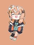  1girl :d ^_^ black_bow black_thighhighs blue_dress blush_stickers bow brown_background brown_hair brown_jacket brown_socks chibi closed_eyes commentary dress facing_viewer fang full_body hair_between_eyes hair_bow hair_bun hair_ornament hairclip igarashi_rika igarashi_rika_(1st_costume) jacket long_sleeves multicolored_hair nijisanji nozo_(hitomiz) one_side_up open_clothes open_jacket outline plaid_clothes plaid_socks puffy_long_sleeves puffy_sleeves shoes single_side_bun single_sock single_thighhigh sleeves_past_fingers sleeves_past_wrists smile socks solo star_(symbol) star_hair_ornament streaked_hair thighhighs virtual_youtuber white_hair white_outline white_shoes 