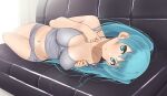  absurdres aqua_eyes aqua_hair bangs bare_shoulders blush breast_squeeze breasts cleavage collarbone commentary_request couch furuyama_itaru grey_panties grey_tank_top hatsune_miku highres impossible_hair large_breasts long_hair lying midriff navel on_couch on_side panties parted_lips tank_top thighs twintails underwear very_long_hair vocaloid 