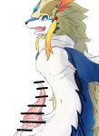 animal_genitalia bandai_namco bodily_fluids censored clothing cum digital_media_(artwork) erection forehead_gem gem genital_fluids genital_slit genitals hair hot_dog_wolf hybrid looking_at_viewer male navel penis scarf shaorune simple_background smile solo tales_of_(series) tales_of_rebirth tapering_penis white_body