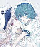  2girls ahoge aquarium_wa_odoranai blue_eyes blue_hair dress epaulettes hat highres hug jacket jacket_on_shoulders long_hair military_hat multiple_girls peaked_cap puffy_short_sleeves puffy_sleeves red_eyes retro_(aquarium_wa_odoranai) sakizome short_hair short_sleeves suzu_(aquarium_wa_odoranai) white_dress white_hair 