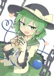  1girl bangs black_headwear bow chain eyebrows_visible_through_hair green_eyes green_hair green_skirt hat hat_bow heart heart-shaped_pupils heart_of_string holding holding_knife knife komeiji_koishi long_sleeves looking_at_viewer matsu_kitsune open_mouth shirt short_hair simple_background skirt solo symbol-shaped_pupils third_eye touhou white_background yellow_bow yellow_shirt 