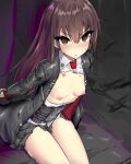  1girl black_jacket black_skirt bound bound_wrists breasts brown_eyes brown_hair collared_shirt eyebrows_visible_through_hair frown girls&#039;_frontline jacket long_hair necktie nipples nz75_(girls&#039;_frontline) red_necktie shirt skirt small_breasts solo torn_clothes torn_necktie torn_shirt torn_skirt try_robin_x v-shaped_eyebrows white_shirt 