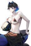  1girl alternate_costume bikini black_bikini blue_eyes blue_hair breasts colored_inner_hair gradient_hair hair_intakes helmet highres hololive hololive_english large_breasts motor_vehicle motorcycle motorcycle_helmet multicolored_hair navel ouro_kronii pale_skin short_hair simple_background solo spicyyrum swimsuit virtual_youtuber white_background 