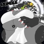 1:1 anthro barely_contained barely_contained_breasts big_breasts big_hands biped black_ears black_hair black_sclera body_size_growth breasts claws clothing cross-shaped_pupils deity dewott ear_halo english_text eyebrows eyewear female finger_claws fur ganger generation_5_pokemon glasses gloves_(marking) green_eyes green_highlights green_pupils grey_body grey_fur hair halo hi_res highlights_(coloring) huge_breasts huge_hands huge_thighs hyper hyper_breasts hyper_thighs intergalactic_macro kenju macro mammal markings mustelid nintendo onomatopoeia open_mouth otter pink_nose pokemon pokemon_(species) pupils raised_inner_eyebrows size_transformation solo sound_effects space teal_eyewear teal_glasses text thick_thighs transformation whiskers white_claws white_clothing