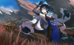  1girl absurdres arm_up armpits bare_shoulders black_hair blue_eyes blue_hair bob_cut bow_(weapon) breasts cleavage cliff diagonal_bangs dice earrings fur_trim genshin_impact gloves grass highres holding holding_bow_(weapon) holding_weapon jacket jewelry large_breasts multicolored_hair nigate short_hair smile solo weapon wind yelan_(genshin_impact) 