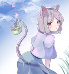  1girl animal_ears ass bangs basket blue_skirt blush capelet cherry_blossoms commentary_request cowboy_shot eyebrows_visible_through_hair grass grey_capelet grey_hair highres kulukulu3333 looking_at_viewer mouse mouse_ears mouse_girl mouse_tail nazrin open_mouth red_eyes shirt short_hair skirt solo tail touhou white_shirt 