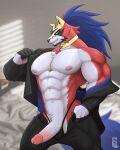  abs anthro bed biceps canid canine clothed clothing crowned_shield_zamazenta erection furniture genitals hair humanoid_genitalia humanoid_penis jewelry legendary_pok&eacute;mon looking_at_viewer male mammal muscular muscular_anthro muscular_male necklace nintendo nipples partially_clothed pecs penis pok&eacute;mon pok&eacute;mon_(species) solard0gg0 solo thong toothy_grin unbuttoned_shirt underwear vein veiny_penis video_games zamazenta 