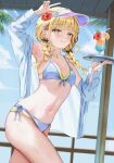  1girl bare_legs bikini black_bow blonde_hair blue_bikini blue_shirt blue_sky blunt_bangs blush bow braid breasts commentary_request cowboy_shot day dress_shirt drinking_straw flower front-tie_bikini_top front-tie_top fujita_kotone gakuen_idolmaster grin hair_bow hair_flower hair_ornament hibiscus highres holding holding_plate idolmaster long_sleeves low_twin_braids multi-strapped_bikini_bottom multi-strapped_bikini_top nail_polish navel open_clothes open_shirt outdoors plate red_flower shirt side-tie_bikini_bottom sideboob sky small_breasts smile solo standing summer swimsuit tropical_drink twin_braids underboob user_rdnh4377 v white_visor yellow_eyes yellow_nails 