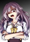 1girl angry bow bowtie collarbone collared_shirt commentary crossed_arms eyebrows_hidden_by_hair grey_background grey_hair gyaru hair_between_eyes hair_ornament hairclip half-closed_eye highres kinoshita_kaede kogal long_hair long_sleeves looking_at_viewer looking_down mizuka_academy_school_uniform open_mouth red_eyes school_uniform sesen2000 shaded_face shirt sidelocks simple_background skirt sleeves_rolled_up solo straight-on suspender_skirt suspenders teeth tenshi_souzou_re-boot! tongue upper_body upper_teeth_only v-shaped_eyebrows wavy_hair white_shirt yellow_bow yellow_bowtie 