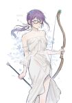  1girl aqua_eyes arm_at_side arm_garter arrow_(projectile) bare_shoulders black-framed_eyewear blue_flower blue_hair blue_nails bow_(weapon) braid collarbone commentary_request crown_braid dress feet_out_of_frame fingernails flipped_bangs floating_hair floral_background flower glasses gradient_hair hair_flower hair_ornament hand_up highres holding holding_arrow holding_bow_(weapon) holding_weapon hoshimi_junna jade_(gemstone) korean_commentary layered_dress light_blush long_dress long_hair looking_at_viewer low_side_ponytail multicolored_hair nail_polish official_alternate_costume official_alternate_hairstyle parted_lips purple_hair see-through_clothes see-through_dress shoujo_kageki_revue_starlight side_slit solo standing strapless strapless_dress tbhmczr weapon white_background white_dress 