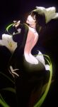  1girl absurdres ass back backless_dress backless_outfit bare_back black_background black_dress black_hair bob_cut breasts butt_crack dress flower fubuki_(one-punch_man) gloved_sleeves gloves green_eyes highres impossible_clothes impossible_dress large_breasts lily_(flower) limart long_sleeves looking_back one-punch_man partially_fingerless_gloves short_hair skin_tight solo white_flower white_lily 