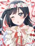  1girl ;o absurdres birthday black_hair blush collarbone commentary confetti feathers flower grey_eyes hair_flower hair_ornament highres kyaku_tasu looking_at_viewer love_live! love_live!_nijigasaki_high_school_idol_club one_eye_closed one_side_up signature solo twitter_username upper_body watermark white_feathers yuki_setsuna 