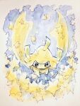  floating full_body jirachi no_humans non_(kumakawayusu) painting_(medium) pokemon pokemon_(creature) simple_background solo star_(symbol) tanzaku traditional_media watercolor_(medium) 