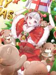  1girl :d arms_up box capelet christmas christmas_tree commentary_request cookie cowboy_shot diagonal_bangs food fur-trimmed_capelet fur-trimmed_skirt fur_trim gift gift_box gloves grey_hair highres holding holding_box holding_gift letter_balloon link!_like!_love_live! looking_at_viewer love_live! milk multicolored_hair official_alternate_costume open_mouth pink_eyes red_capelet red_hair red_skirt sakari_(pear_8_ll) secret_christmas_(love_live!) shirt short_hair skirt smile solo streaked_hair stuffed_animal stuffed_toy teddy_bear virtual_youtuber white_gloves white_shirt yugiri_tsuzuri 