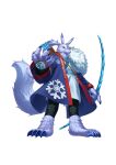  arrow_(projectile) blue_fur blue_jacket body_fur bow_(weapon) digimon digimon_alysion digimon_card_game eye_mask full_body highres holding holding_bow_(weapon) holding_weapon jacket non-web_source official_art red_eyes sekkamon simple_background solo standing transparent_background weapon 