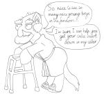 2013 anthro bathrobe bottomwear clothing dialogue digital_media_(artwork) duo elderly elderly_male english_text equid equine eyebrows family_guy feral footwear fur hair hasbro herbert_the_pervert hi_res horse humanoid_face humor legwear male mammal mature_male monochrome my_little_pony ponification robe shoes simple_background smile solo speech_bubble standing tail text thick_eyebrows tracker-fox walker wrinkles