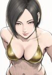  1girl ada_wong bare_shoulders bikini breasts brown_eyes brown_hair cleavage closed_mouth eyeshadow gold_bikini highres jaydamon looking_at_viewer makeup medium_breasts midriff navel pink_eyeshadow resident_evil resident_evil_2 short_hair solo swept_bangs swimsuit upper_body white_background 