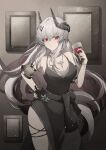  1girl absurdres arknights black_dress black_gloves breasts cleavage cowboy_shot cross cross_necklace cup demon_horns detached_sleeves dress drinking_glass gloves grey_hair hair_between_eyes hair_ornament hand_on_hip highres holding holding_cup horns jewelry large_breasts long_hair looking_at_viewer mudrock_(arknights) mudrock_(obsidian)_(arknights) necklace official_alternate_costume partially_fingerless_gloves picture_frame red_eyes short_sleeves single_glove solo very_long_hair wine_glass zhuoyan_de_saber 