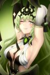  1girl armpits arms_behind_head asymmetrical_gloves bangs bare_shoulders black_dress black_gloves breasts cleavage closed_mouth crown dress gloves green_background green_eyes green_hair highres honkai_(series) honkai_impact_3rd long_hair mismatched_gloves mobius_(honkai_impact) one_eye_closed single_sleeve sleeveless sleeveless_dress solo sphere-stc tongue tongue_out 