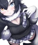  1girl :&gt; black_thighhighs blue_eyes blush coat from_above fur_collar gloves grey_coat grey_hair grey_neckerchief grey_skirt grey_wolf_(kemono_friends) hair_between_eyes heterochromia kemono_friends long_hair long_sleeves looking_at_viewer looking_up lowlandgorilla multicolored_hair neckerchief necktie plaid_clothes plaid_necktie plaid_skirt pleated_skirt sidelocks skirt sleeve_cuffs solo tail thighhighs two-tone_hair upper_body white_fur white_gloves white_hair wolf_girl wolf_tail yellow_eyes zettai_ryouiki 