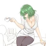  1girl alternate_costume arm_support black_legwear bracelet breasts cleavage closed_mouth cup drawing green_hair haji_(hajiko) holding holding_cup jewelry kazami_yuuka large_breasts looking_at_another pantyhose red_eyes shirt short_hair short_sleeves sitting solo_focus striped striped_shirt teacup touhou white_background white_shirt 