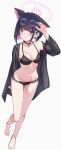  1girl absurdres adjusting_eyewear alternate_costume animal_ears arm_behind_back bare_legs barefoot bikini black_bikini black_choker black_hair black_shirt blue_archive blunt_bangs blunt_ends blush bob_cut breasts cat_choker cat_ears cat_girl choker cleavage clip_studio_paint_(medium) collarbone colored_inner_animal_ears colored_inner_hair commentary_request curvy dutch_angle earclip earrings extra_ears eyelashes eyewear_on_head feet full_body hair_behind_ear hair_ornament hairclip halo halterneck hand_up heart heart_earrings highres jewelry kazusa_(blue_archive) knees_together_feet_apart large_breasts legs long_sleeves looking_at_viewer making-of_available multi-strapped_bikini_bottom multicolored_hair navel open_clothes open_shirt parted_lips pink_hair pink_halo red_eyes round_eyewear see-through_clothes see-through_shirt shirt short_hair simple_background single_bare_shoulder slit_pupils smile solo standing stomach straight_hair striped_clothes striped_shirt sunglasses swimsuit thigh_gap thighs toenails toes tsurime tsyn vertical-striped_clothes vertical-striped_shirt white_background wide_sleeves 