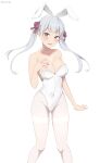  1girl \||/ absurdres animal_ears artist_name ass_visible_through_thighs bangs bare_arms bare_shoulders black_clover blush breasts choker cleavage commentary coro_fae covered_navel fake_animal_ears grey_hair hair_ornament hair_ribbon hand_on_own_chest highleg highleg_leotard highres legs_apart leotard noelle_silva open_mouth pantyhose playboy_bunny purple_eyes ribbon shadow simple_background solo standing strapless strapless_leotard thighs twintails white_background white_choker white_legwear white_leotard 